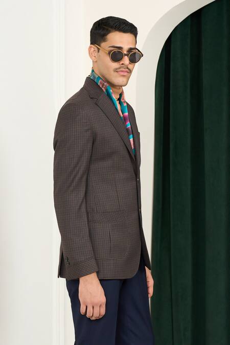 Buy_Gargee Designers_Brown Polyester, Wool Gingham Chequered Blazer _Online_at_Aza_Fashions