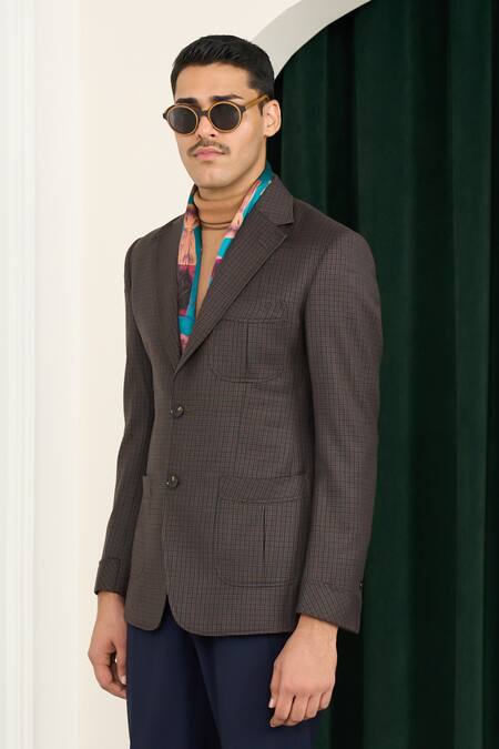 Shop_Gargee Designers_Brown Polyester, Wool Gingham Chequered Blazer _Online_at_Aza_Fashions