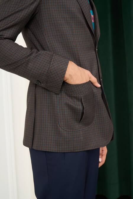 Gargee Designers_Brown Polyester, Wool Gingham Chequered Blazer _at_Aza_Fashions