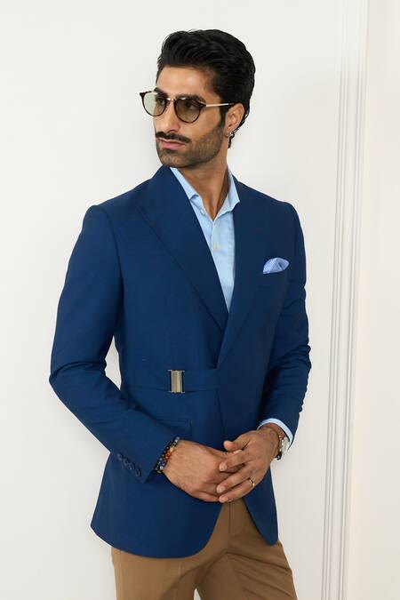 Gargee Designers_Blue Wool Designer Single Breasted Blazer _at_Aza_Fashions