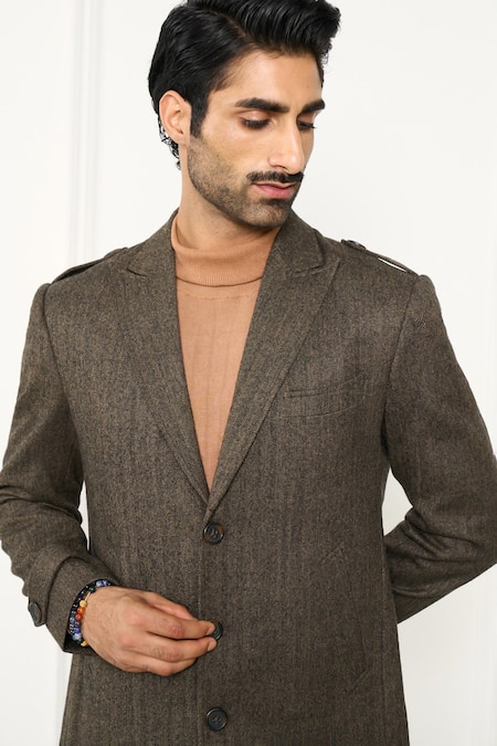 Shop_Gargee Designers_Brown Wool Herringbone Long Coat _Online_at_Aza_Fashions