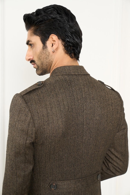 Gargee Designers_Brown Wool Herringbone Long Coat _at_Aza_Fashions