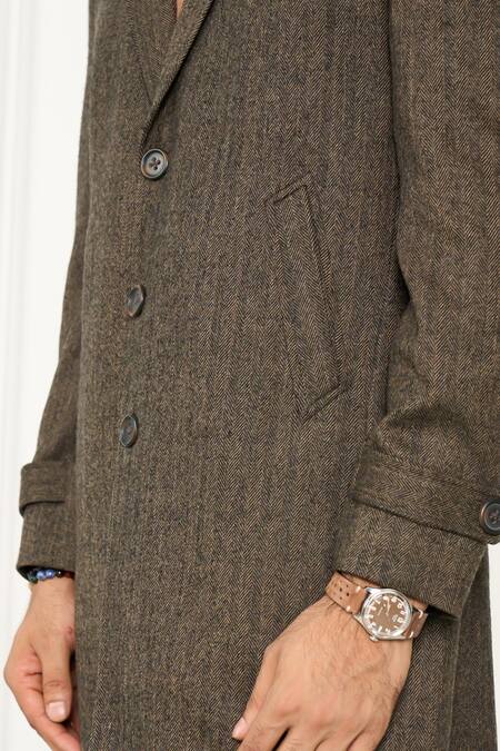 Buy_Gargee Designers_Brown Wool Herringbone Long Coat 