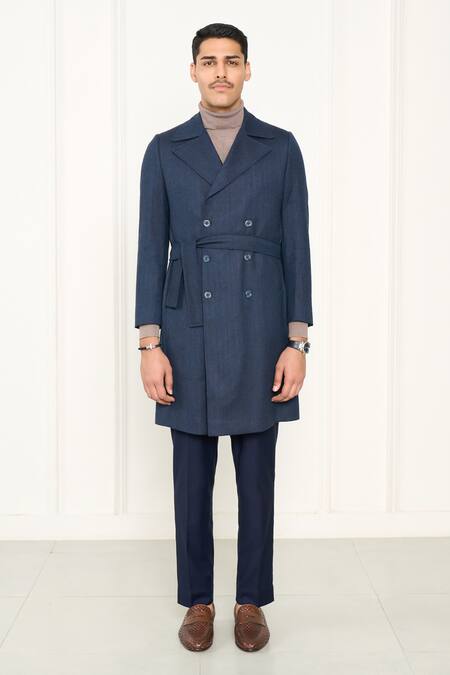 Gargee Designers_Blue Wool Herringbone Long Coat _Online_at_Aza_Fashions