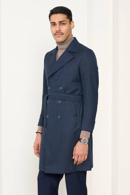 Buy_Gargee Designers_Blue Wool Herringbone Long Coat _Online_at_Aza_Fashions
