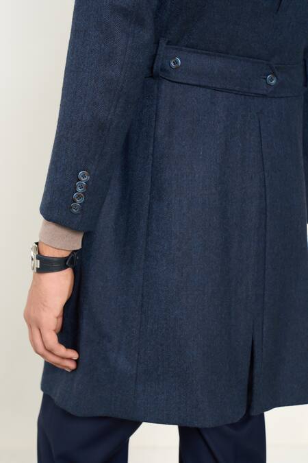 Shop_Gargee Designers_Blue Wool Herringbone Long Coat _Online_at_Aza_Fashions