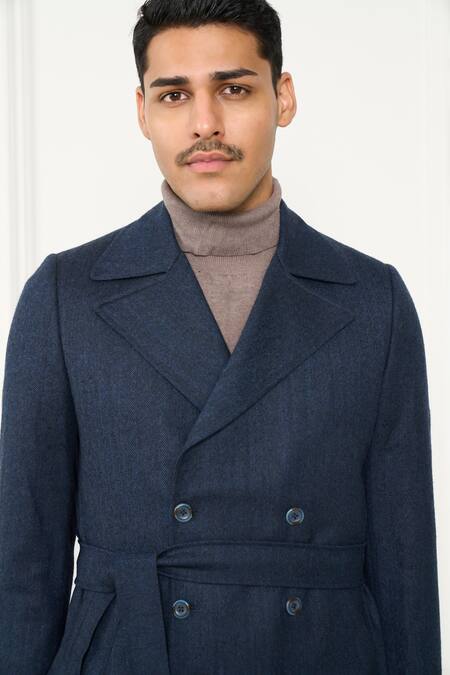 Gargee Designers_Blue Wool Herringbone Long Coat _at_Aza_Fashions