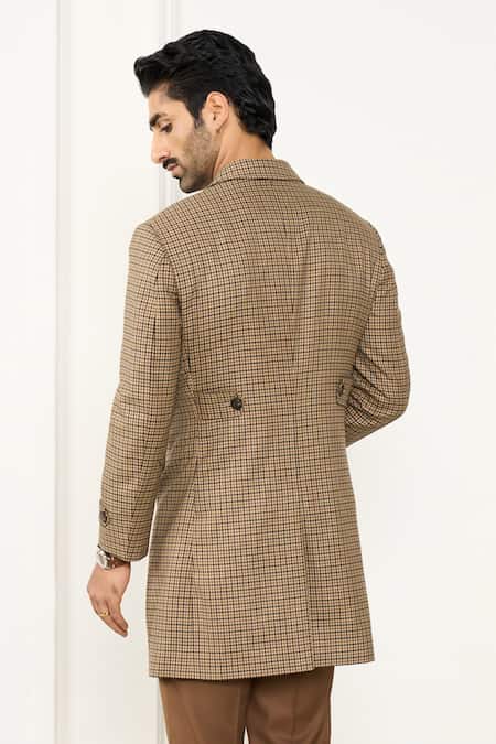 Shop Gargee Designers Brown Wool Houndstooth Long Coat at Aza Fashions Shop_Gargee Designers_Brown Wool Houndstooth Long Coat _at_Aza_Fashions