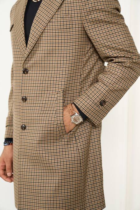 Shop Gargee Designers Brown Wool Houndstooth Long Coat Online at Aza Fashions Shop_Gargee Designers_Brown Wool Houndstooth Long Coat _Online_at_Aza_Fashions