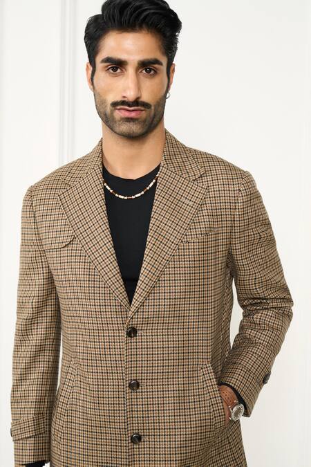 Gargee Designers Brown Wool Houndstooth Long Coat at Aza Fashions Gargee Designers_Brown Wool Houndstooth Long Coat _at_Aza_Fashions