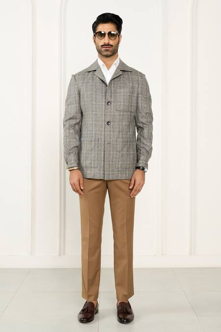 Gargee Designers_Gray Wool Grey Checkered Flannel Shacket_Online_at_Aza_Fashions