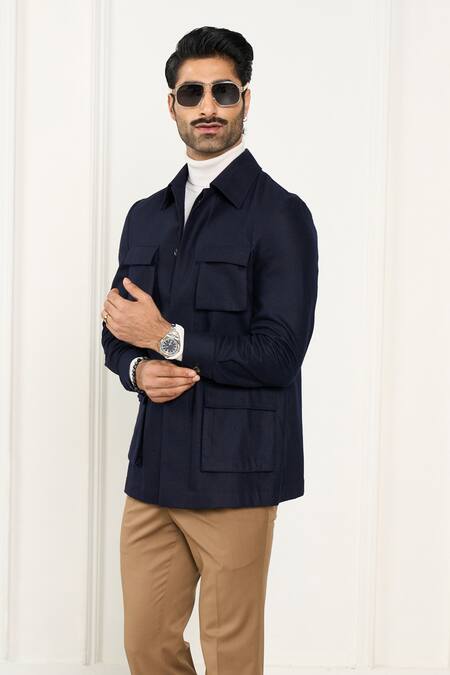 Buy_Gargee Designers_Blue Wool Designer Flannel Shacket _Online_at_Aza_Fashions