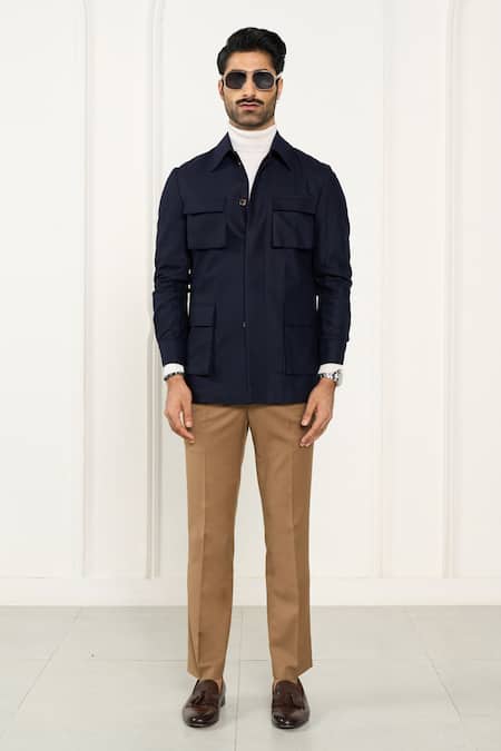 Shop_Gargee Designers_Blue Wool Designer Flannel Shacket _Online_at_Aza_Fashions