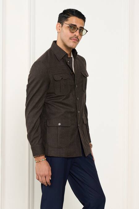 Shop_Gargee Designers_Brown Wool Flannel Shacket _Online_at_Aza_Fashions