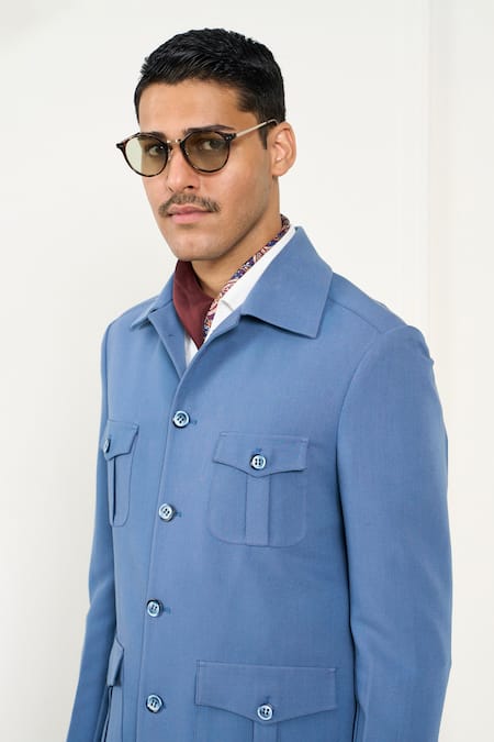 Gargee Designers_Blue Polyester Designer Shacket _at_Aza_Fashions