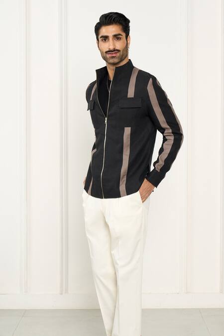 Gargee Designers_Black Linen Striped Designer Shacket _Online_at_Aza_Fashions
