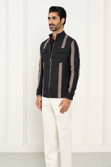 Shop_Gargee Designers_Black Linen Striped Designer Shacket _Online_at_Aza_Fashions