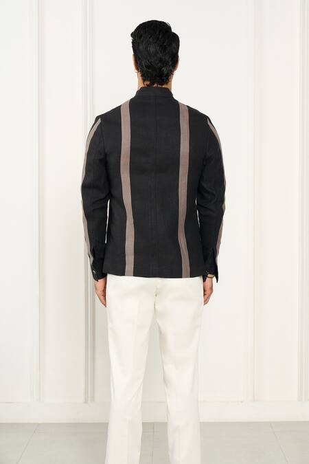 Shop_Gargee Designers_Black Linen Striped Designer Shacket _at_Aza_Fashions