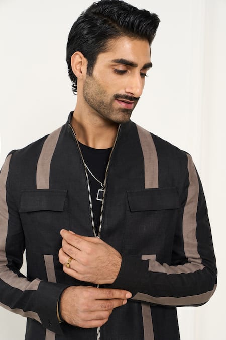 Gargee Designers_Black Linen Striped Designer Shacket _at_Aza_Fashions