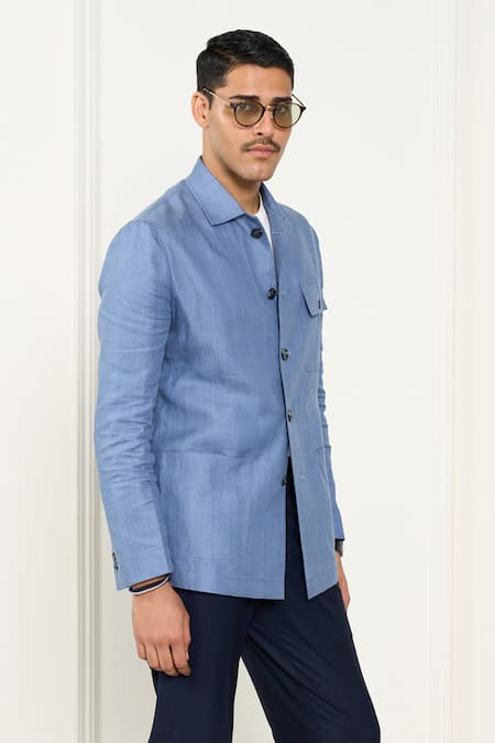 Gargee Designers_Blue Linen Shacket _Online_at_Aza_Fashions