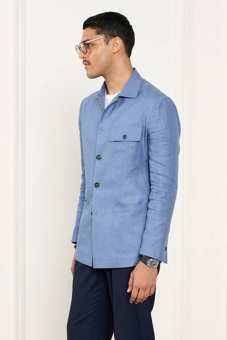 Shop_Gargee Designers_Blue Linen Shacket _Online_at_Aza_Fashions