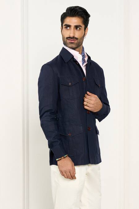 Gargee Designers_Blue Linen Shacket _Online_at_Aza_Fashions