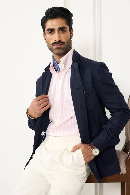 Shop_Gargee Designers_Blue Linen Shacket _Online_at_Aza_Fashions