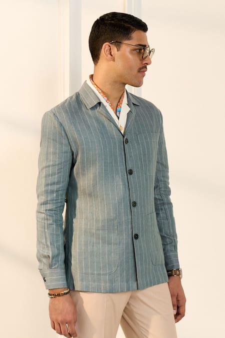 Gargee Designers_Green Linen Striped Shacket _Online_at_Aza_Fashions