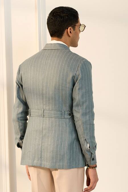 Shop_Gargee Designers_Green Linen Striped Shacket _at_Aza_Fashions