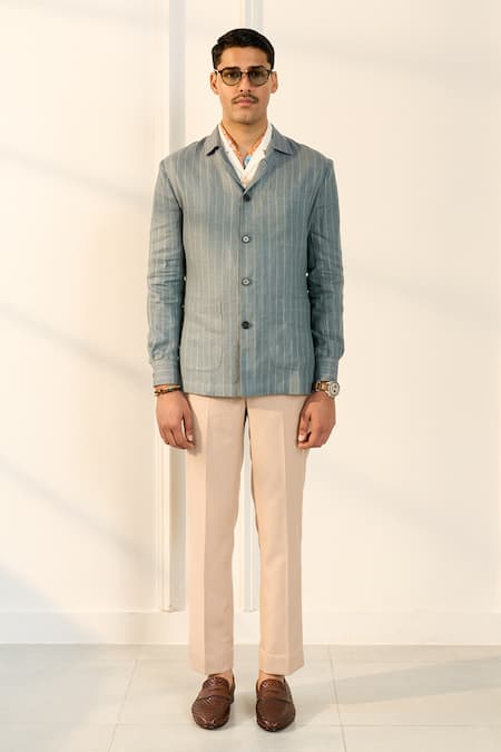 Shop_Gargee Designers_Green Linen Striped Shacket _Online_at_Aza_Fashions