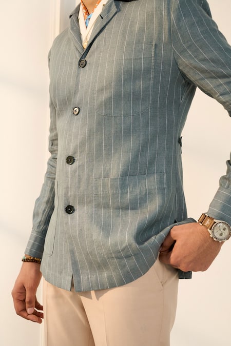 Gargee Designers_Green Linen Striped Shacket _at_Aza_Fashions