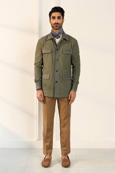 Gargee Designers_Green Polyester, Viscose, Corduroy Shacket _Online_at_Aza_Fashions