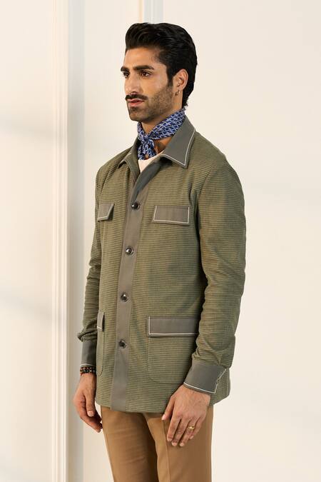 Buy_Gargee Designers_Green Polyester, Viscose, Corduroy Shacket _Online_at_Aza_Fashions