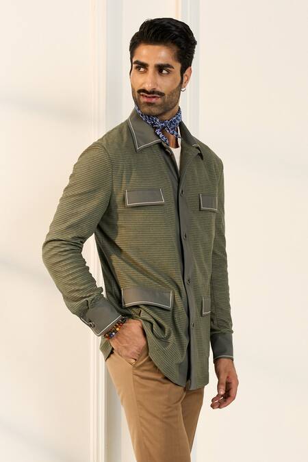 Shop_Gargee Designers_Green Polyester, Viscose, Corduroy Shacket _Online_at_Aza_Fashions