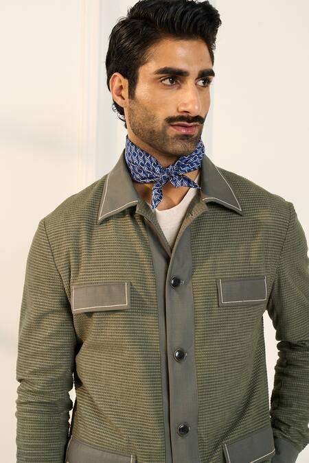 Gargee Designers_Green Polyester, Viscose, Corduroy Shacket _at_Aza_Fashions