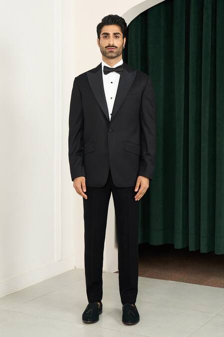 Gargee Designers_Black Polyester, Wool Plain Tuxedo Set _Online_at_Aza_Fashions