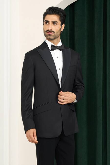Buy_Gargee Designers_Black Polyester, Wool Plain Tuxedo Set _Online_at_Aza_Fashions