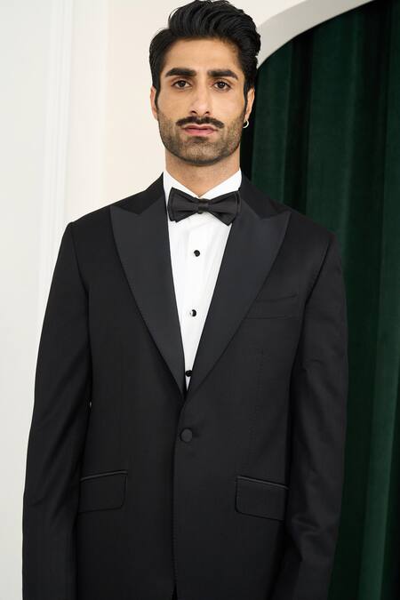 Gargee Designers_Black Polyester, Wool Plain Tuxedo Set _at_Aza_Fashions