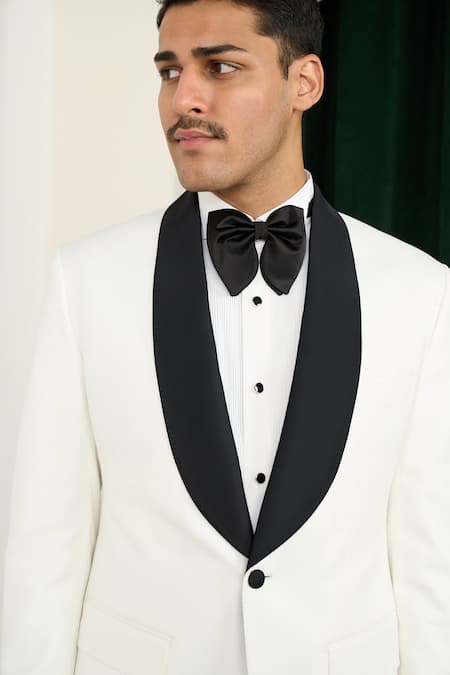 Shop_Gargee Designers_White Polyester, Wool Designer Tuxedo And Pant Set _Online_at_Aza_Fashions