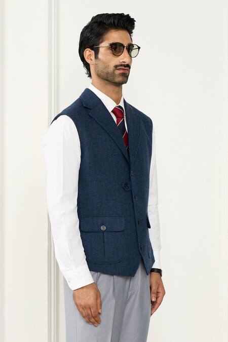 Gargee Designers_Blue Wool Herringbone Designer Vest _Online_at_Aza_Fashions