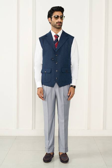 Buy_Gargee Designers_Blue Wool Herringbone Designer Vest _Online_at_Aza_Fashions