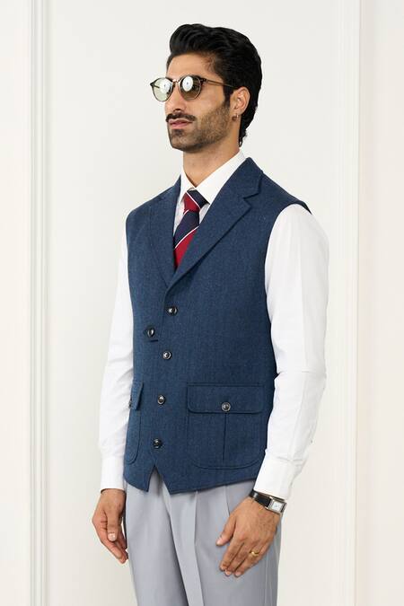 Shop_Gargee Designers_Blue Wool Herringbone Designer Vest _Online_at_Aza_Fashions