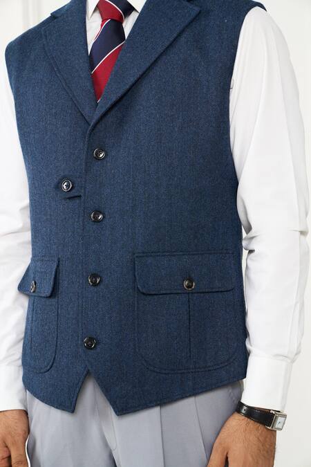 Gargee Designers_Blue Wool Herringbone Designer Vest _at_Aza_Fashions