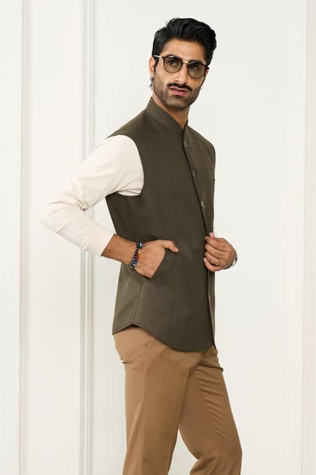 Gargee Designers_Green Linen Designer Vest _Online_at_Aza_Fashions