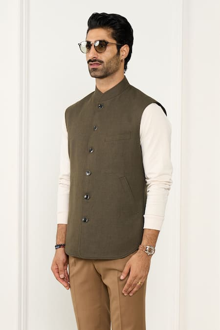 Buy_Gargee Designers_Green Linen Designer Vest _Online_at_Aza_Fashions