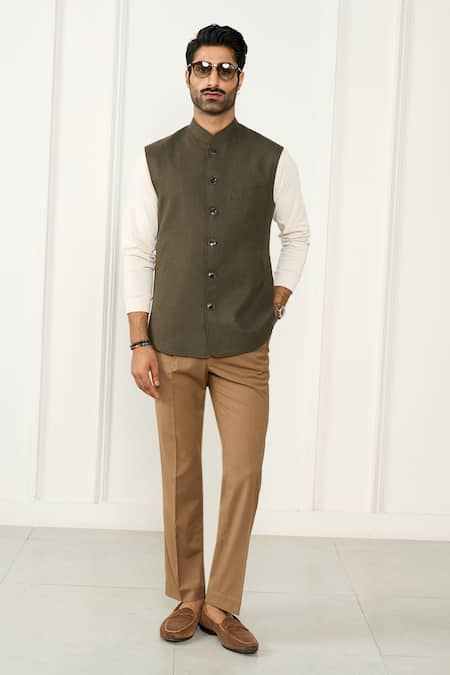 Shop_Gargee Designers_Green Linen Designer Vest _Online_at_Aza_Fashions