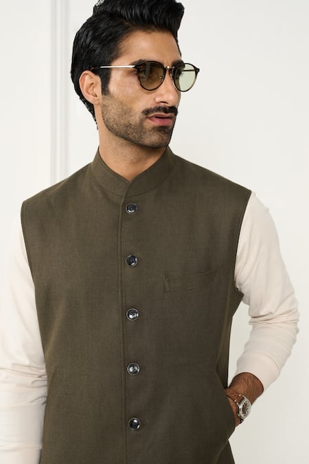 Gargee Designers_Green Linen Designer Vest _at_Aza_Fashions