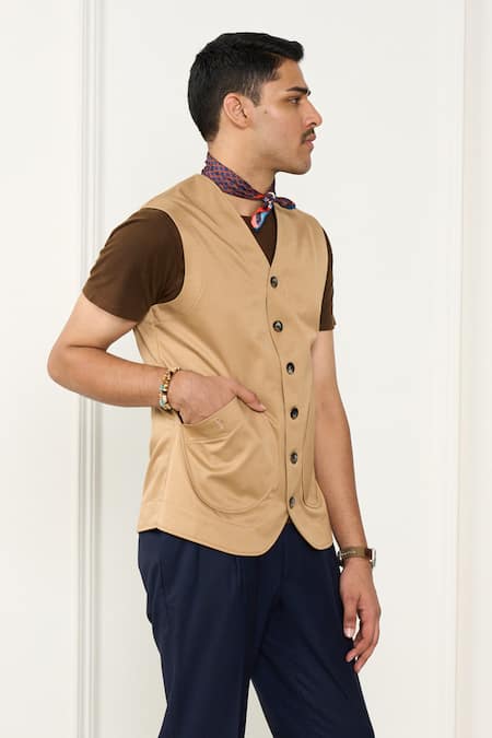 Shop_Gargee Designers_Beige Cotton Designer Vest _Online_at_Aza_Fashions