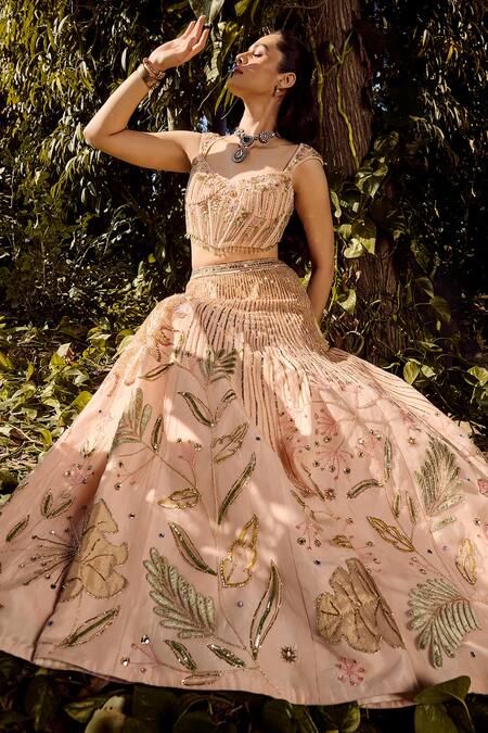 Parul Gandhi Pink Polyester Embroidery, Sequins Round Neck Light Lehenga Set Online at Aza Fashions Parul Gandhi_Pink Polyester Embroidery, Sequins Round Neck Light Lehenga Set _Online_at_Aza_Fashions