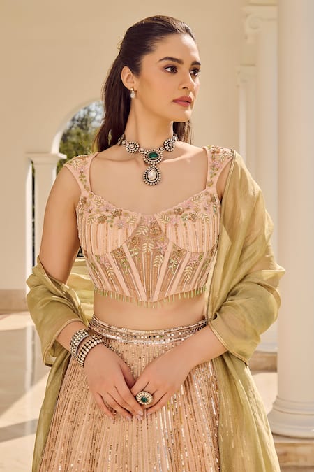 Shop Parul Gandhi Pink Polyester Embroidery, Sequins Round Neck Light Lehenga Set Online at Aza Fashions Shop_Parul Gandhi_Pink Polyester Embroidery, Sequins Round Neck Light Lehenga Set _Online_at_Aza_Fashions